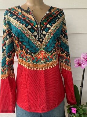 Women’s Boho Top red and multicolor geometric print zipper front Pullover 2XL